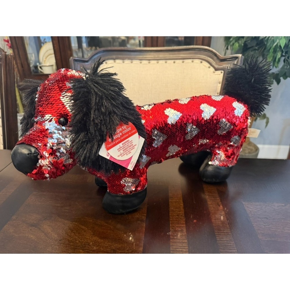 Dachshund Plush 17" Reversible Sequin Sausage Weener‎ Dog NWT Red Silver Hearts